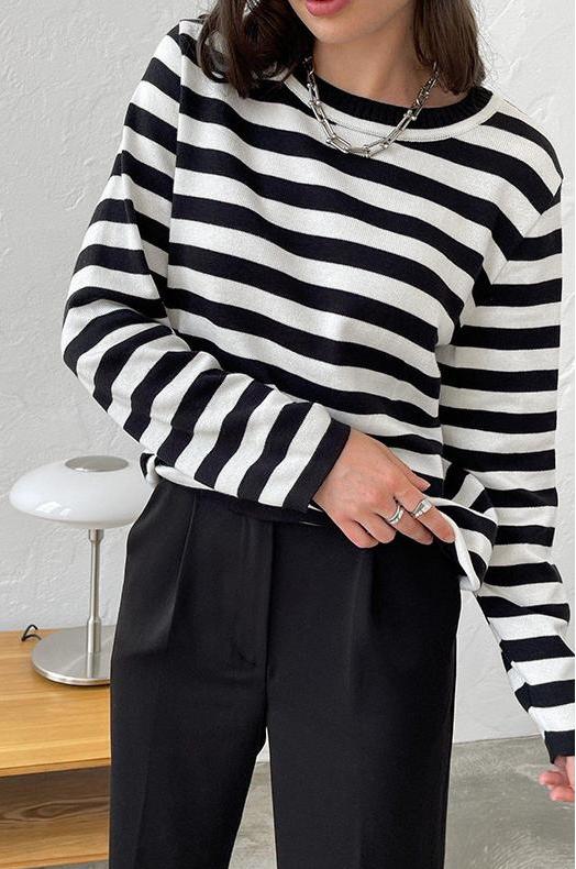 Relaxed Breton Stripe Crewneck Sweater - Blackstripe - 1