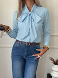 Gingham Bow Tie Neck Long Sleeve Shirt - Blue