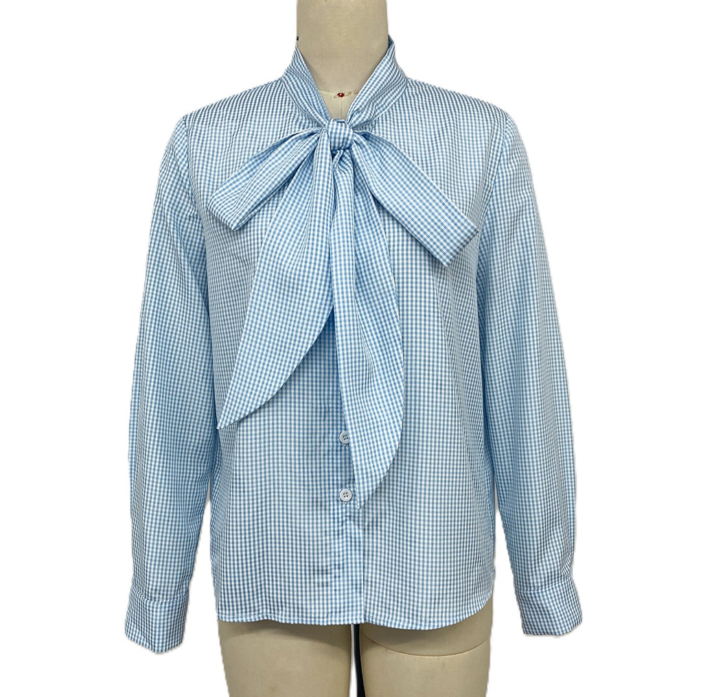 Gingham Bow Tie Neck Long Sleeve Shirt - Blue - 1