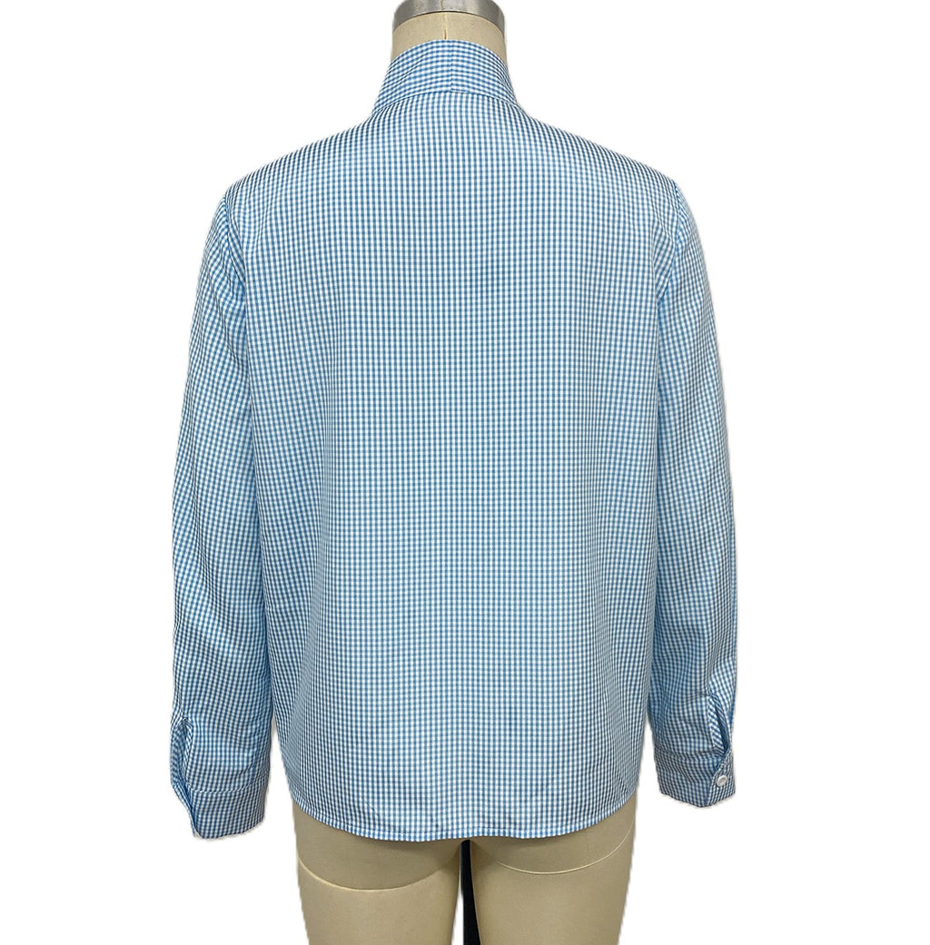 Gingham Bow Tie Neck Long Sleeve Shirt - Blue - 2
