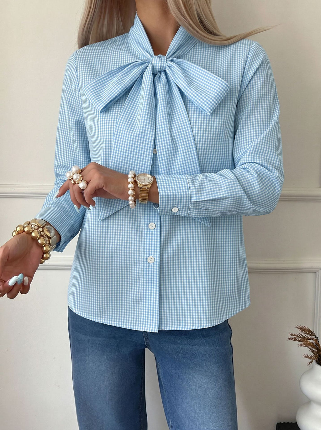 Gingham Bow Tie Neck Long Sleeve Shirt - Blue - 4