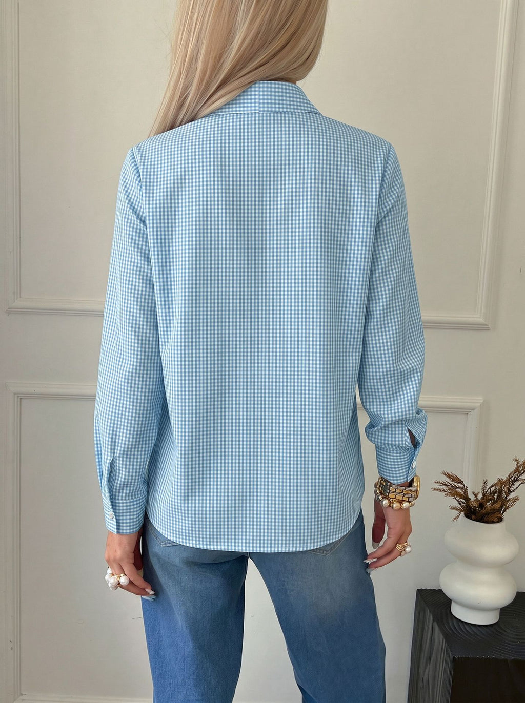 Gingham Bow Tie Neck Long Sleeve Shirt - Blue - 5