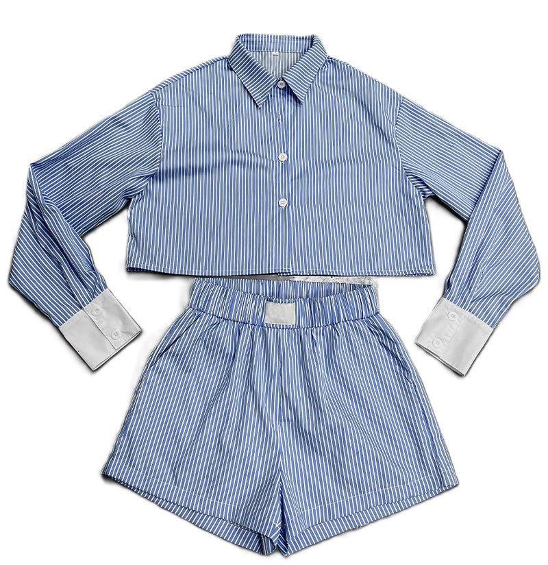 Pinstripe Cropped Shirt and Shorts Set - Blue