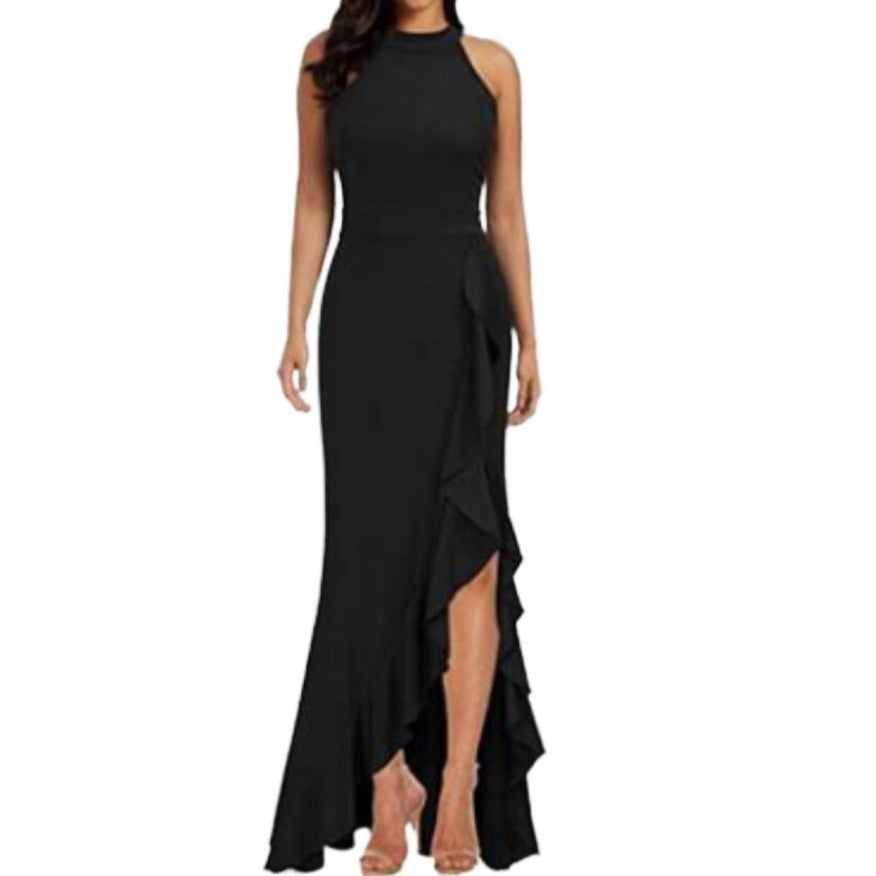 Halter Neck Ruffle Slit Mermaid Maxi Dress - Black