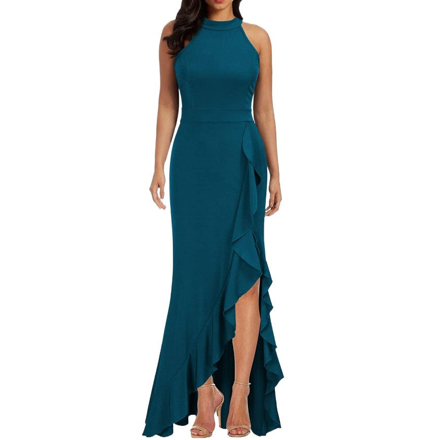 Halter Neck Ruffle Slit Mermaid Maxi Dress