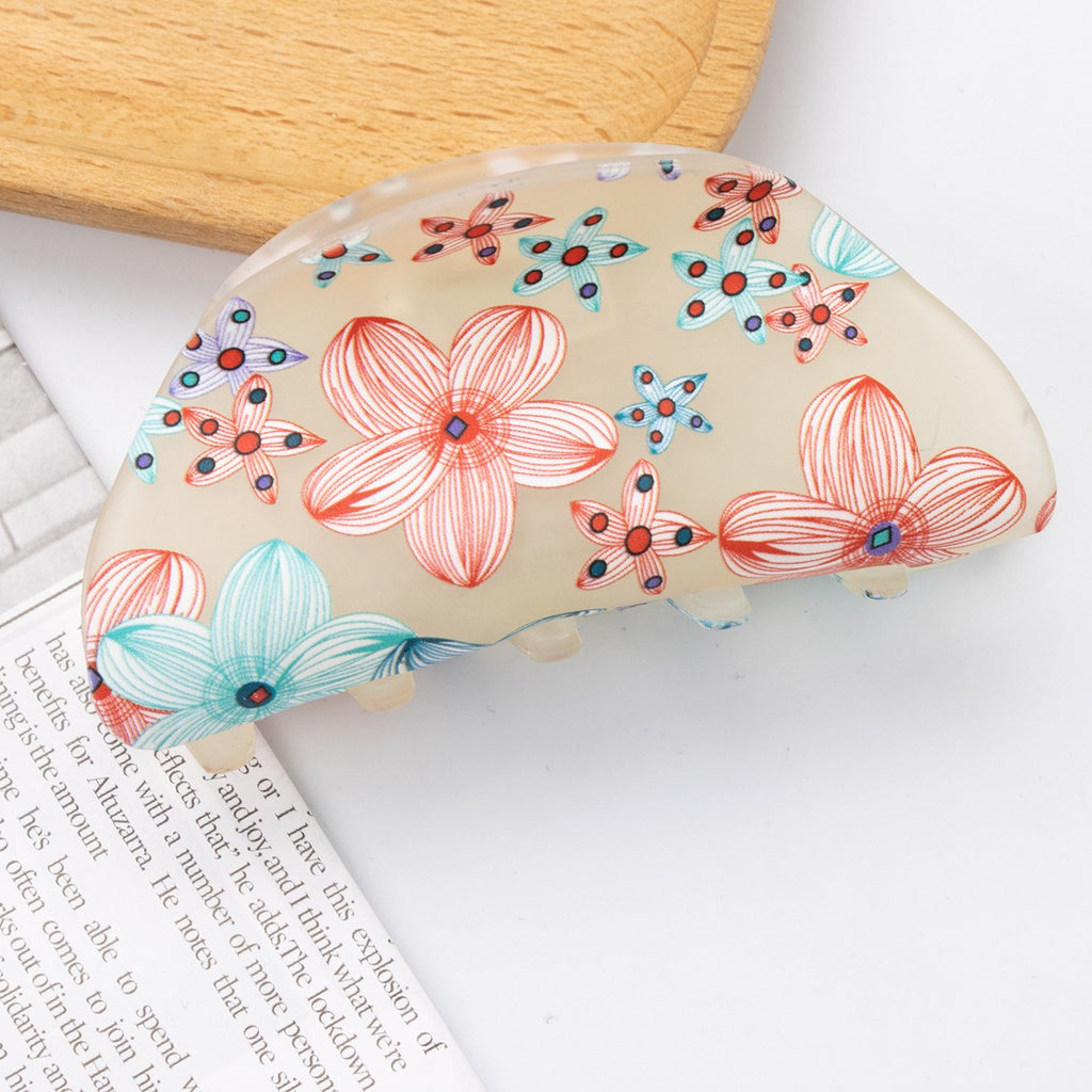 Floral Print Half Moon Hair Claw Clip - Beige