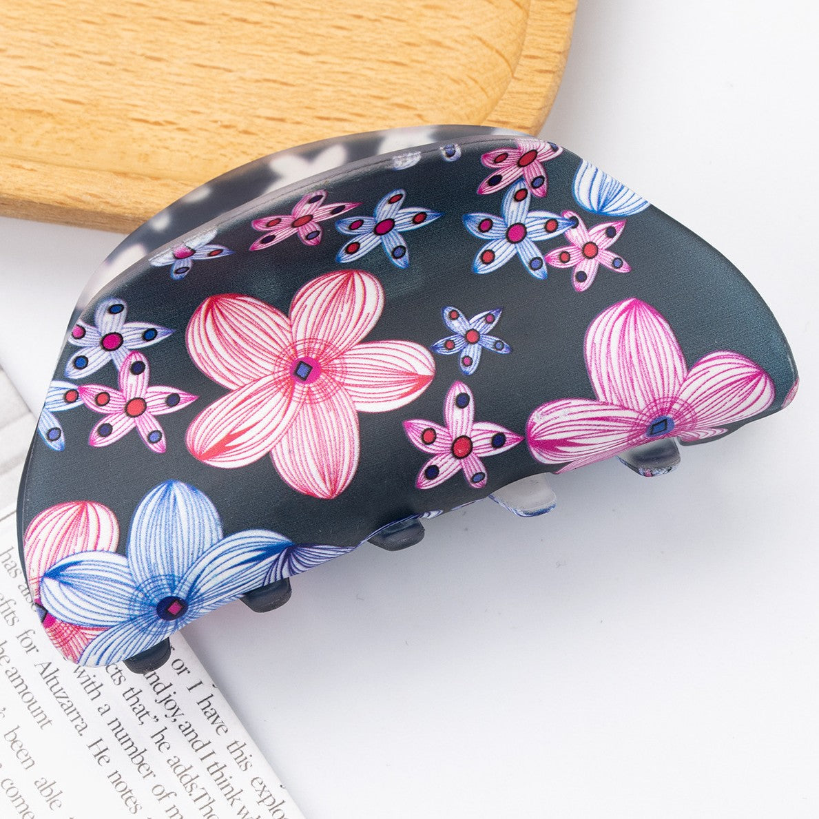 Floral Print Half Moon Hair Claw Clip - Black