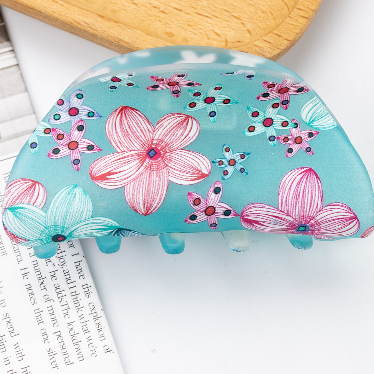 Floral Print Half Moon Hair Claw Clip - Green