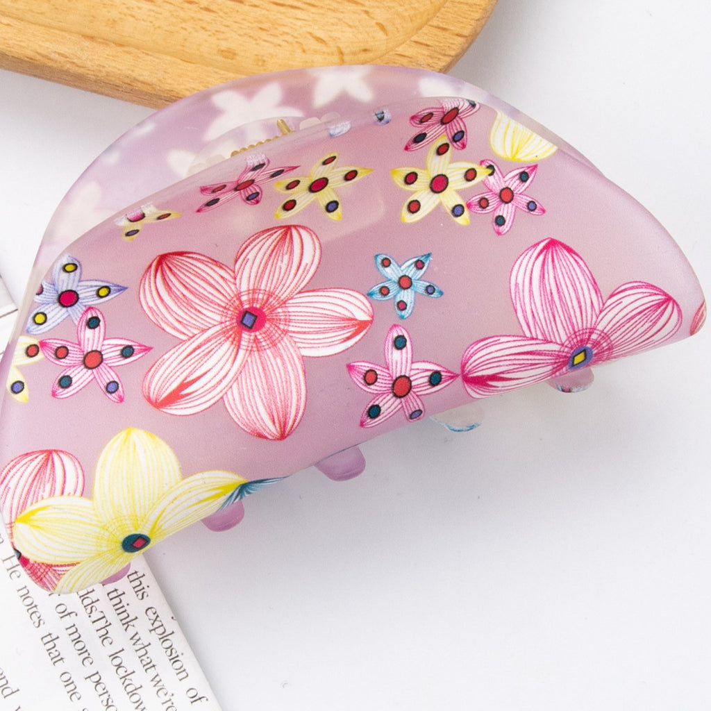 Floral Print Half Moon Hair Claw Clip - Pink