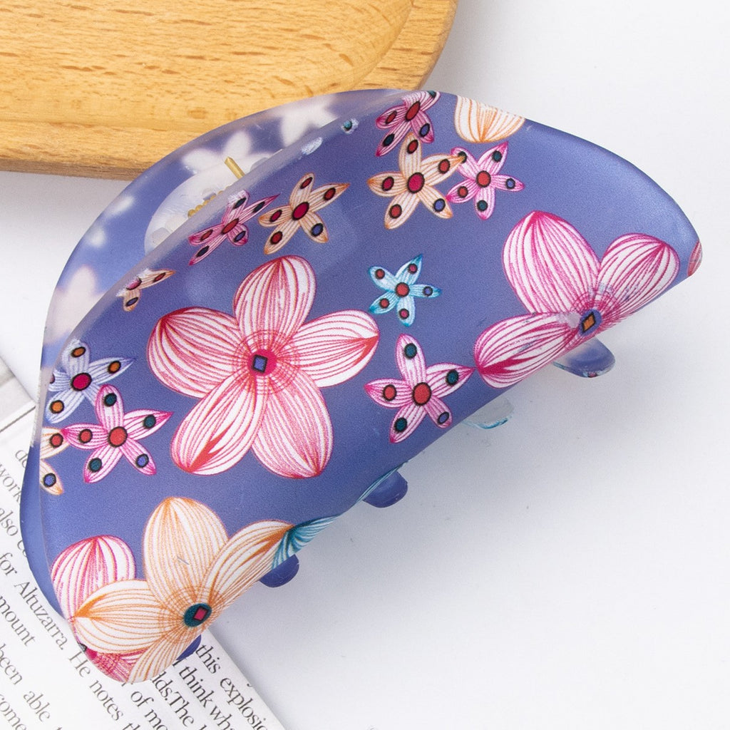 Floral Print Half Moon Hair Claw Clip - Purple