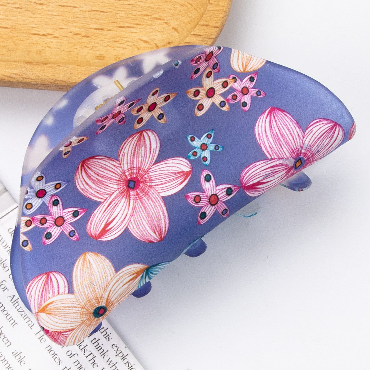 Floral Print Half Moon Hair Claw Clip - Purple