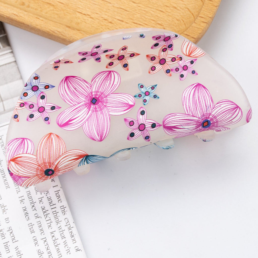 Floral Print Half Moon Hair Claw Clip - White