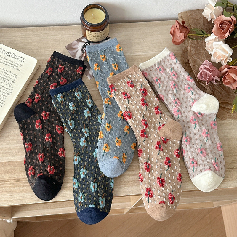 Ditsy Floral Textured Crew Socks - Khaki