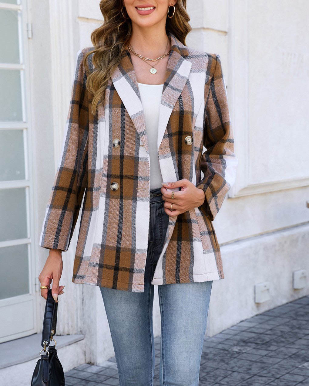 Windowpane Plaid Double Breasted Blazer - Khaki
