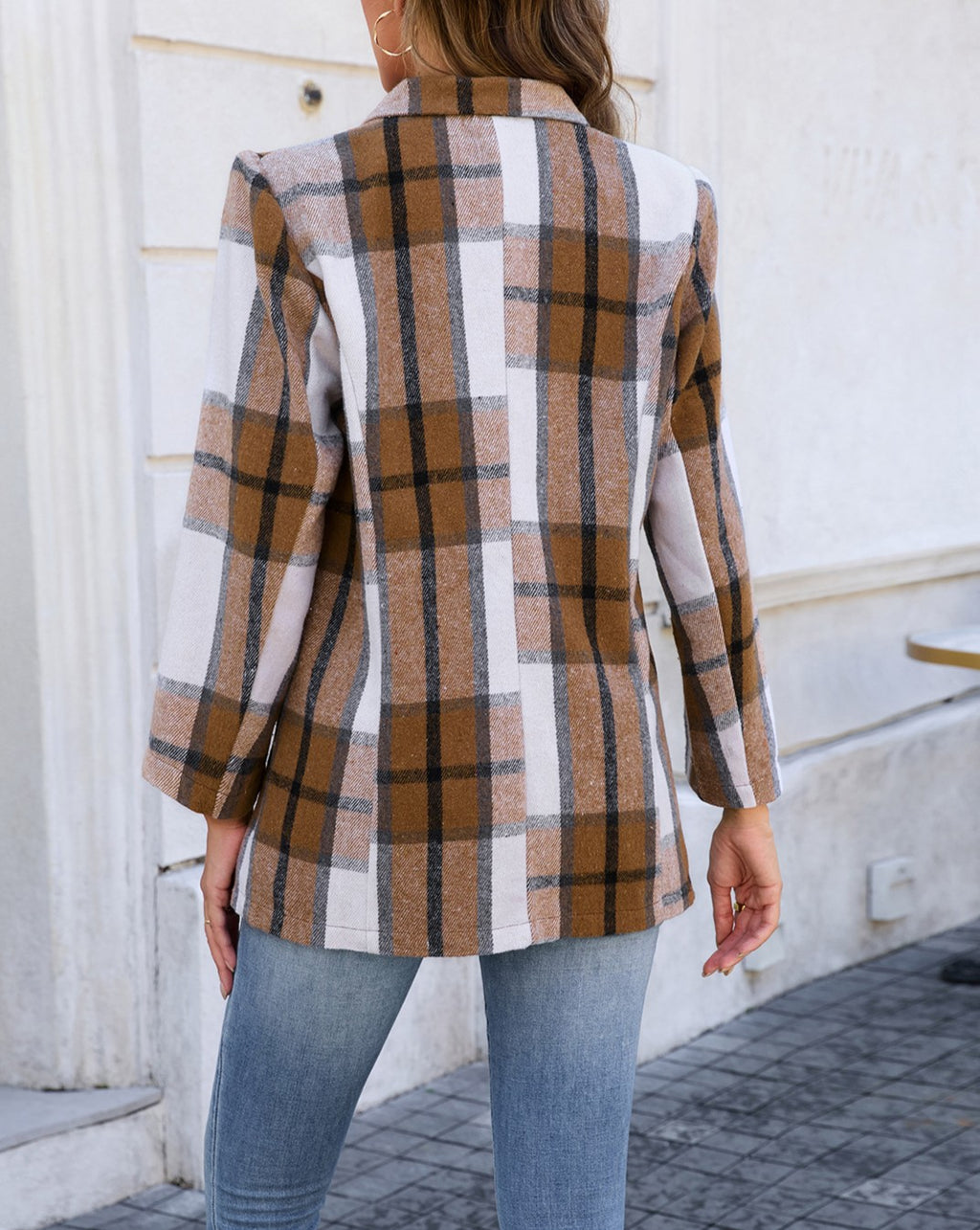Windowpane Plaid Double Breasted Blazer - Khaki - 1