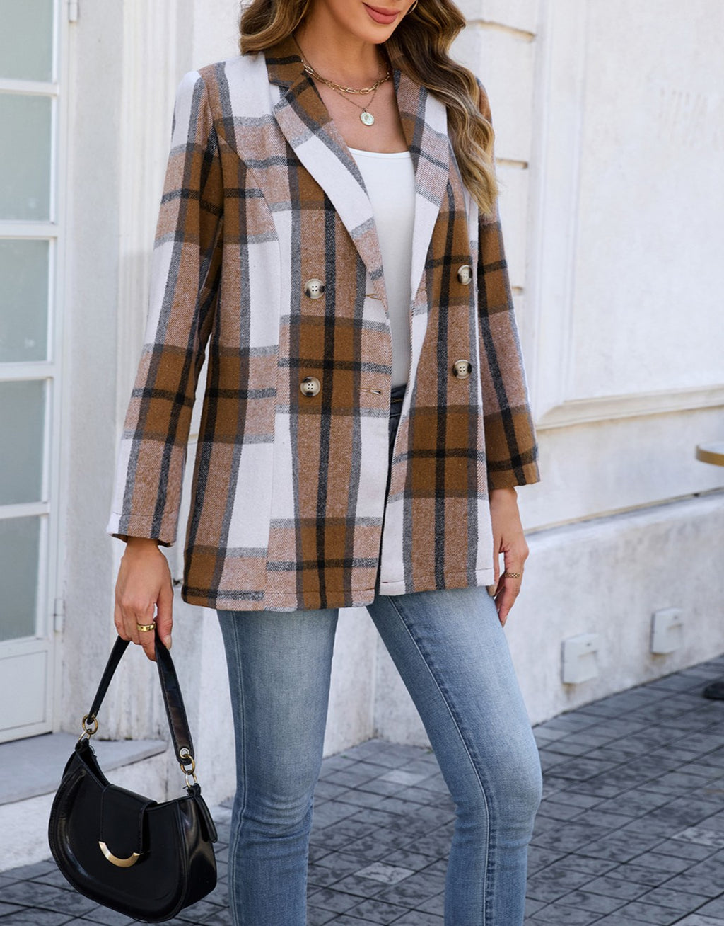 Windowpane Plaid Double Breasted Blazer - Khaki - 2