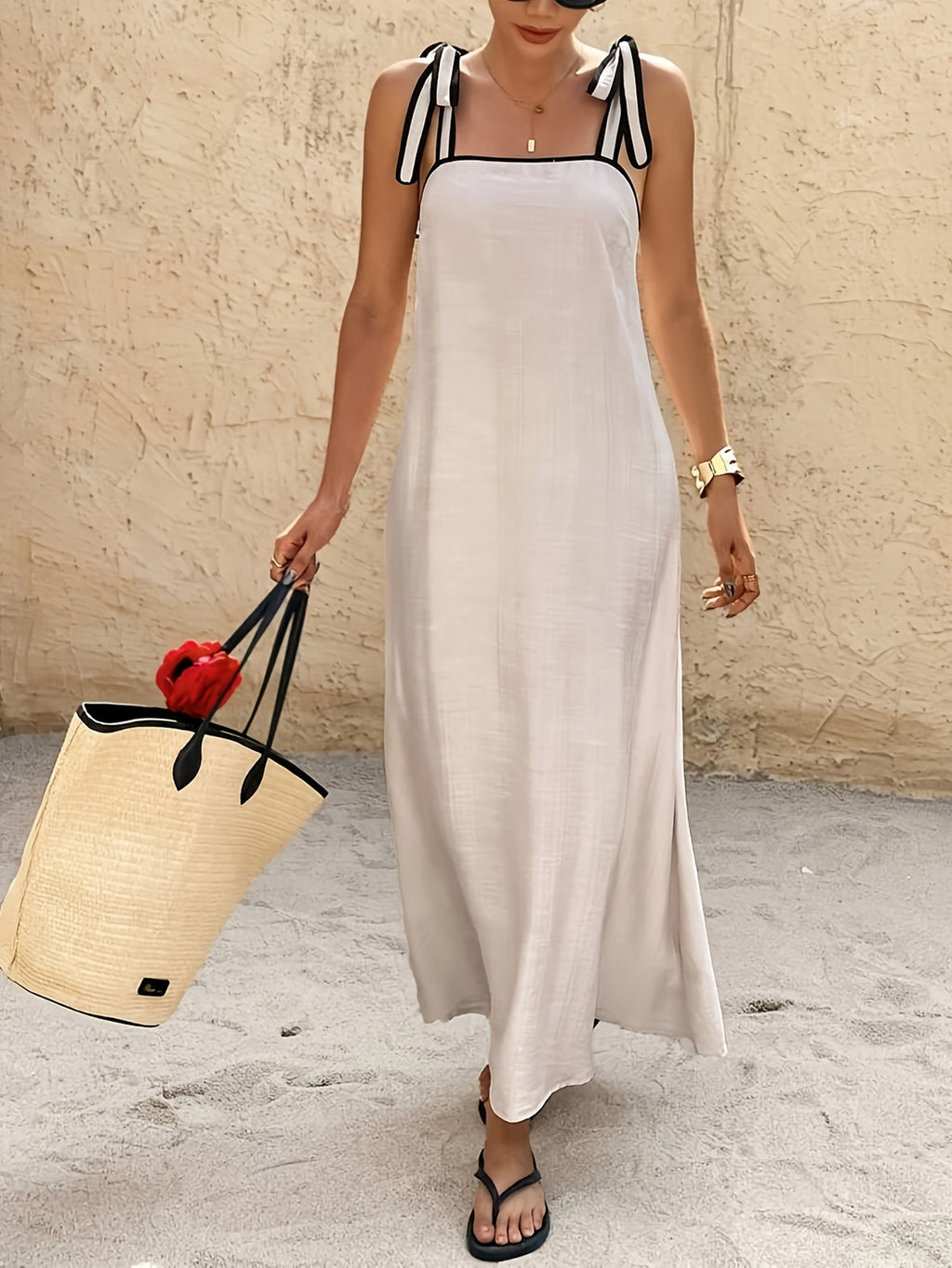 Square Neck Tie Shoulder Maxi Sundress - Apricot