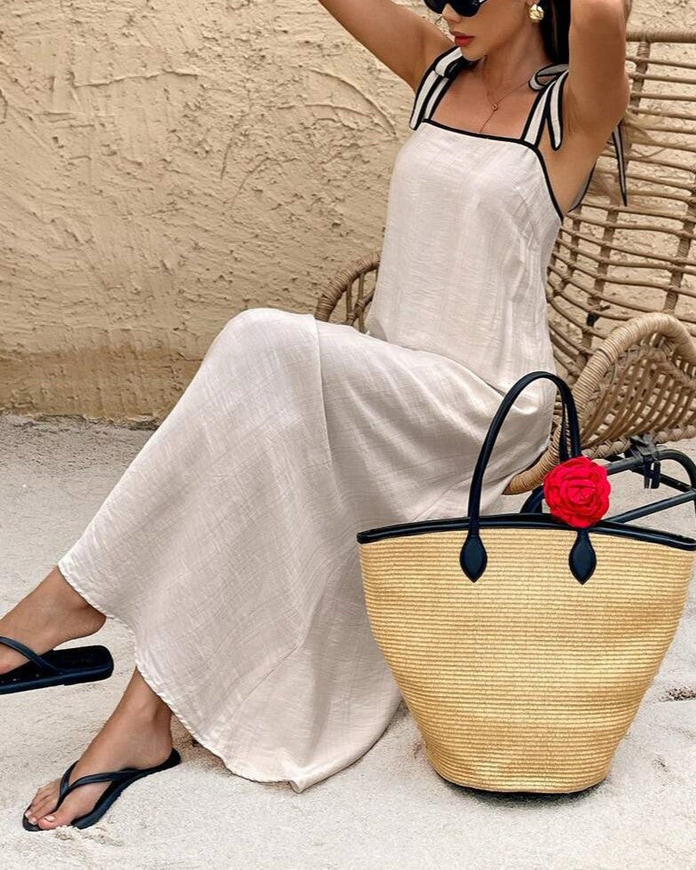 Square Neck Tie Shoulder Maxi Sundress - Apricot - 1