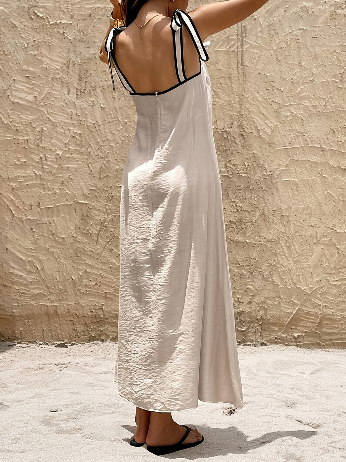 Square Neck Tie Shoulder Maxi Sundress - Apricot - 2