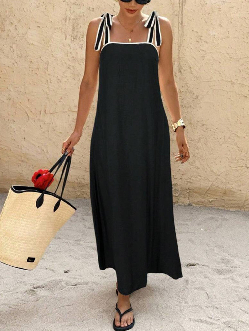 Square Neck Tie Shoulder Maxi Sundress - Black