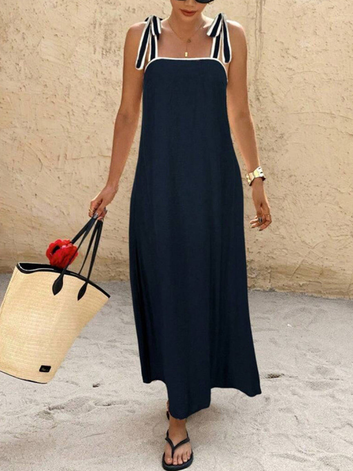 Square Neck Tie Shoulder Maxi Sundress - Navy