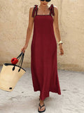 Square Neck Tie Shoulder Maxi Sundress - Red