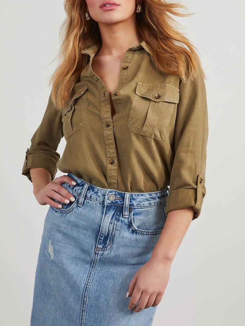 Roll Tab Sleeve Utility Pocket Shirt - Brown