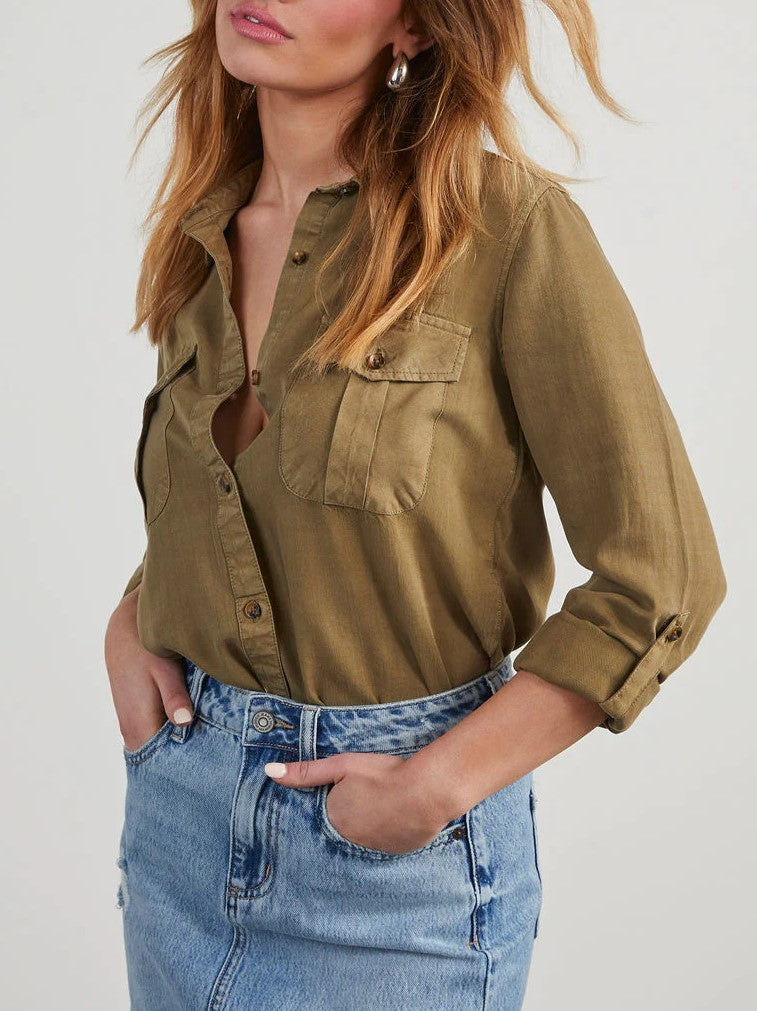 Roll Tab Sleeve Utility Pocket Shirt - Brown - 1