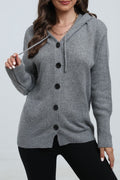 Drawstring Hood Button Down Knit Cardigan - grey