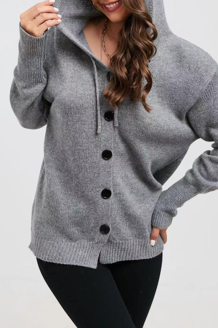 Drawstring Hood Button Down Knit Cardigan - grey - 1