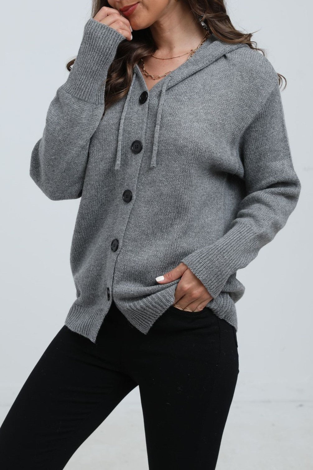 Drawstring Hood Button Down Knit Cardigan - grey - 3