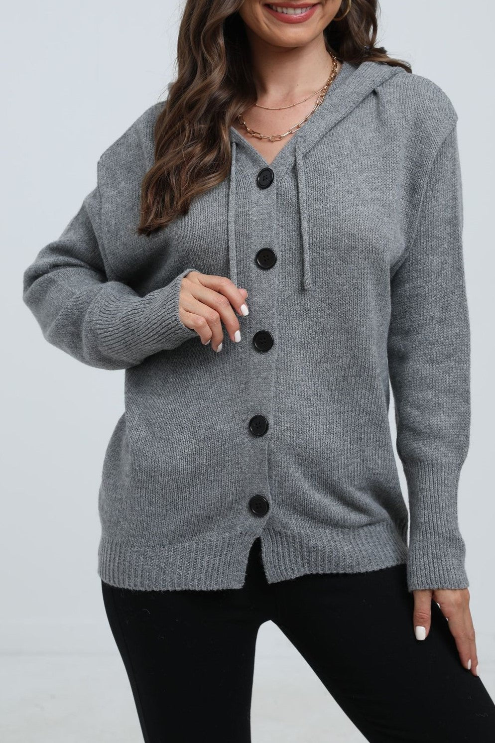 Drawstring Hood Button Down Knit Cardigan - grey - 4