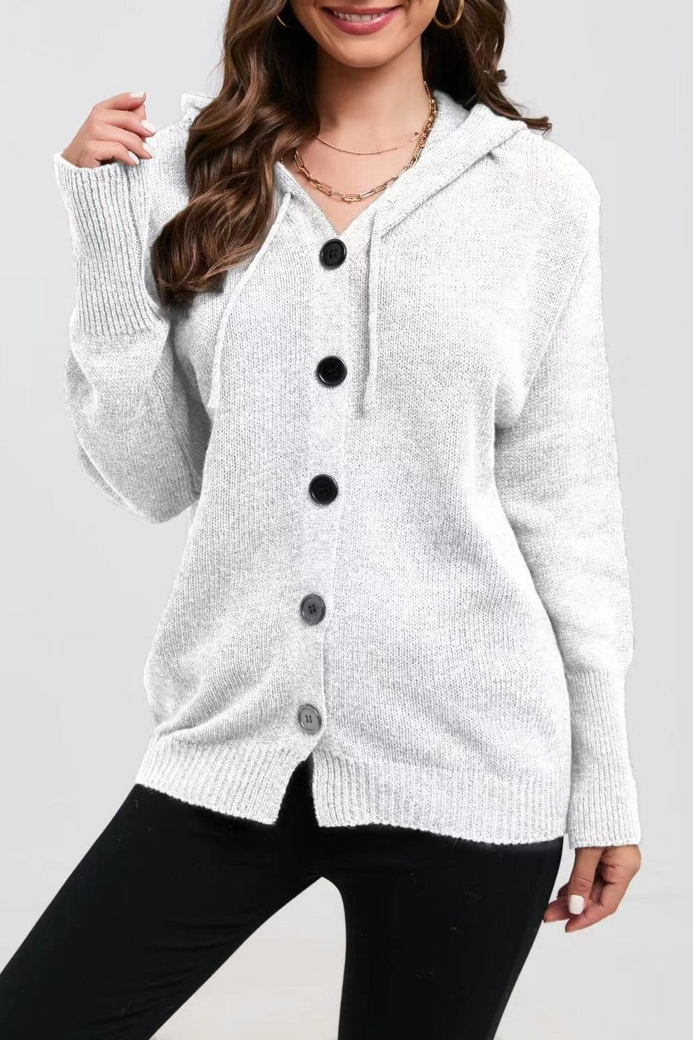 Drawstring Hood Button Down Knit Cardigan - white