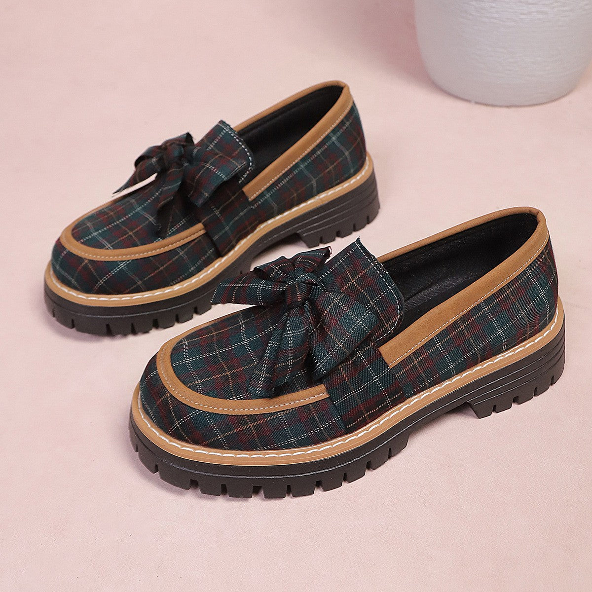 Chunky Lug Sole Loafers with Oversized Bow - Blue Plaid
