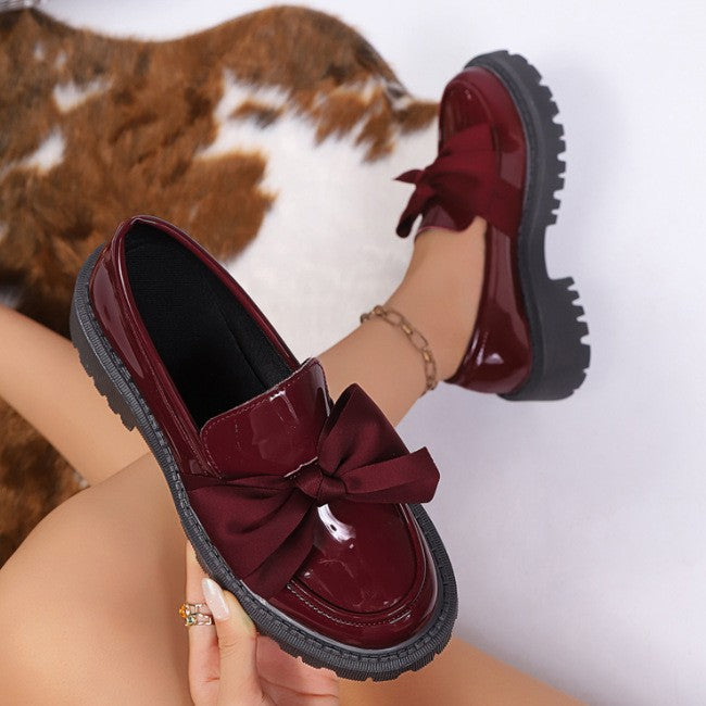 Chunky Lug Sole Loafers with Oversized Bow - Burgundy