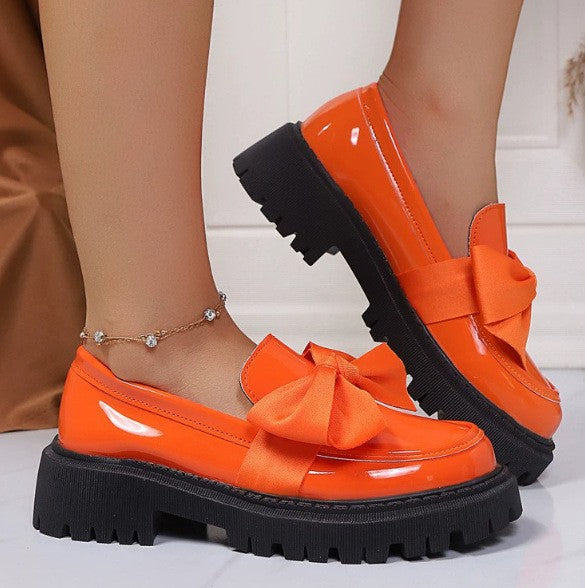Chunky Lug Sole Loafers with Oversized Bow - Orange