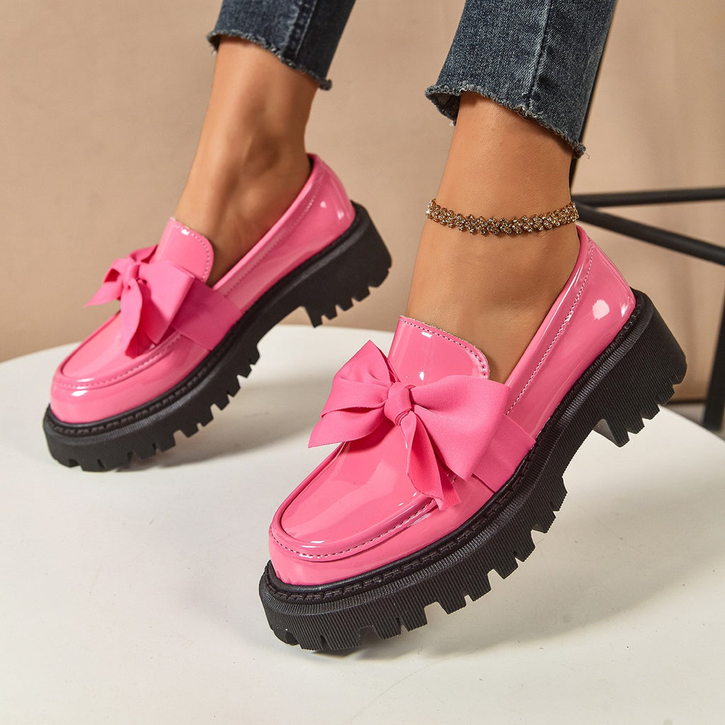 Chunky Lug Sole Loafers with Oversized Bow - Pink