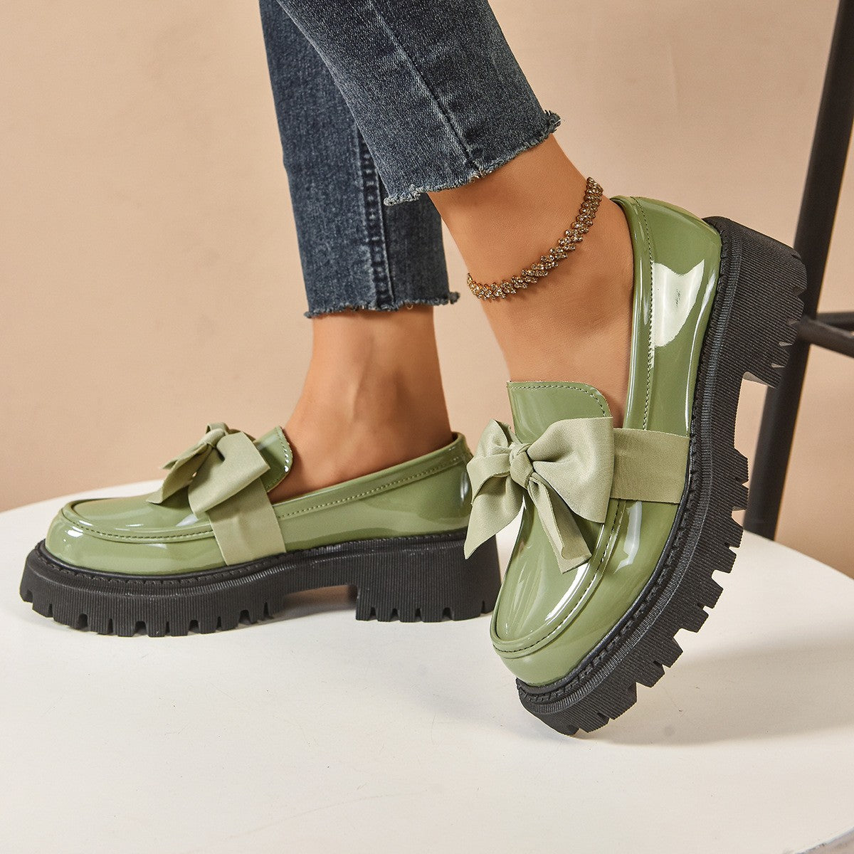 Chunky Lug Sole Loafers with Oversized Bow - Sage Green