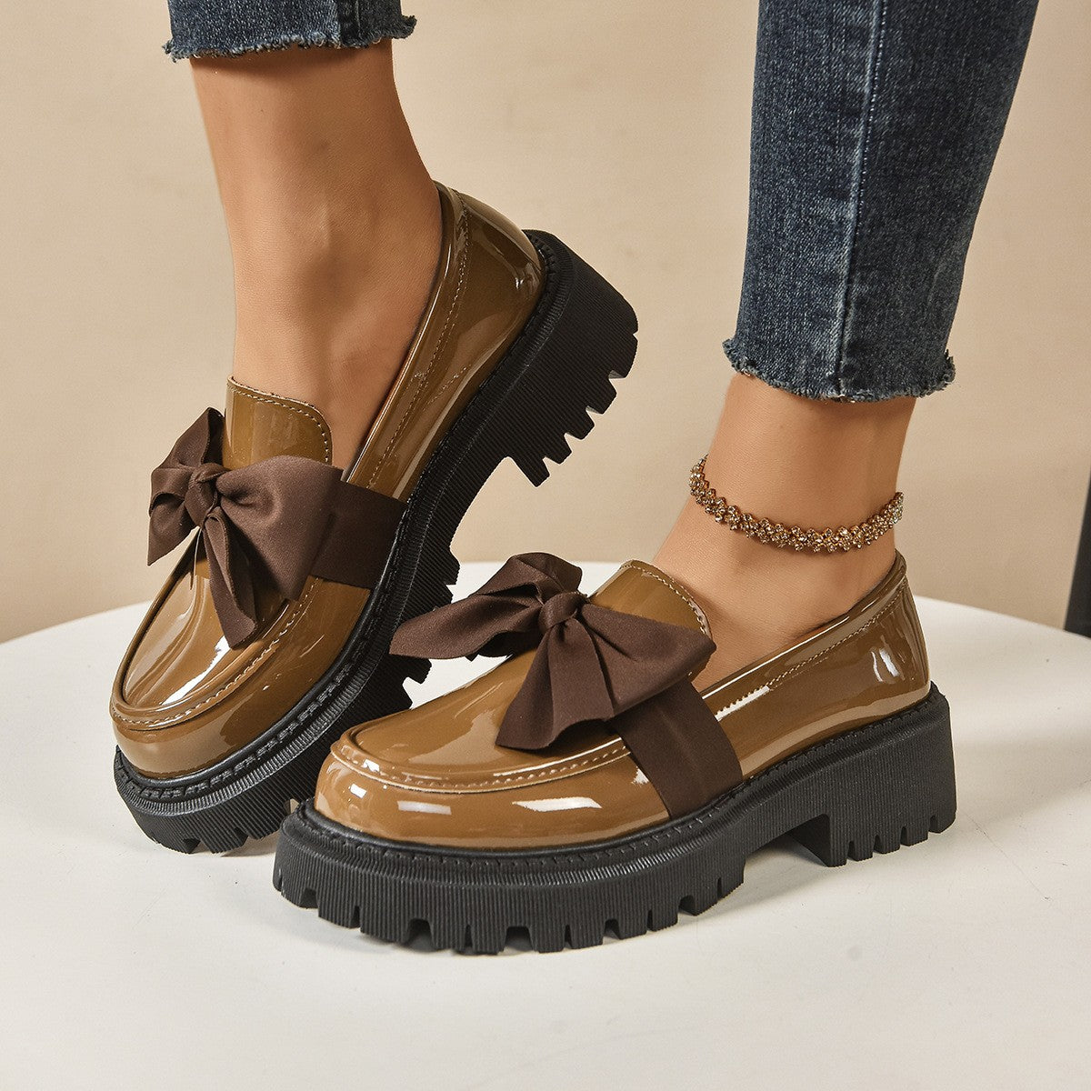 Chunky Lug Sole Loafers with Oversized Bow - Tan