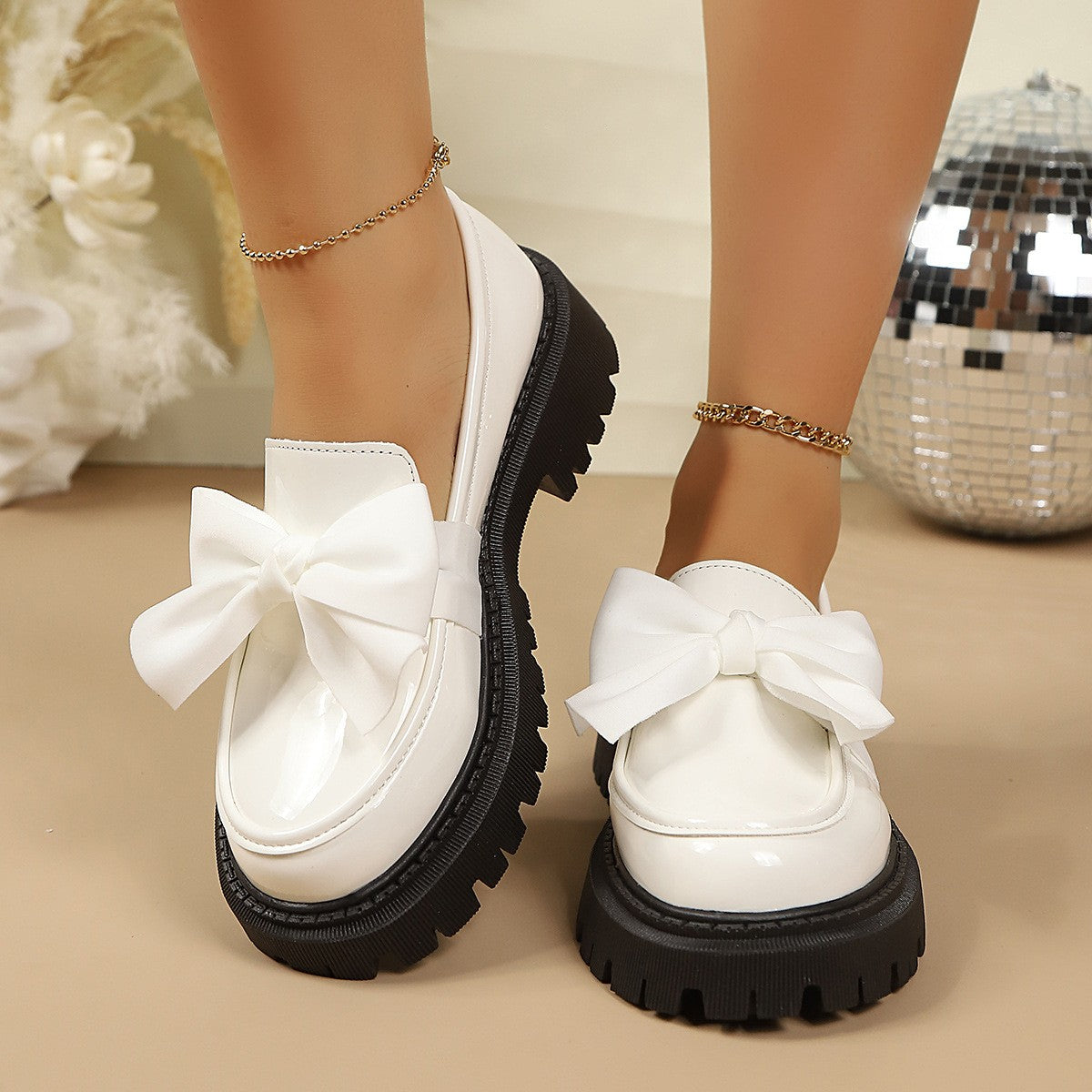 Chunky Lug Sole Loafers with Oversized Bow - White