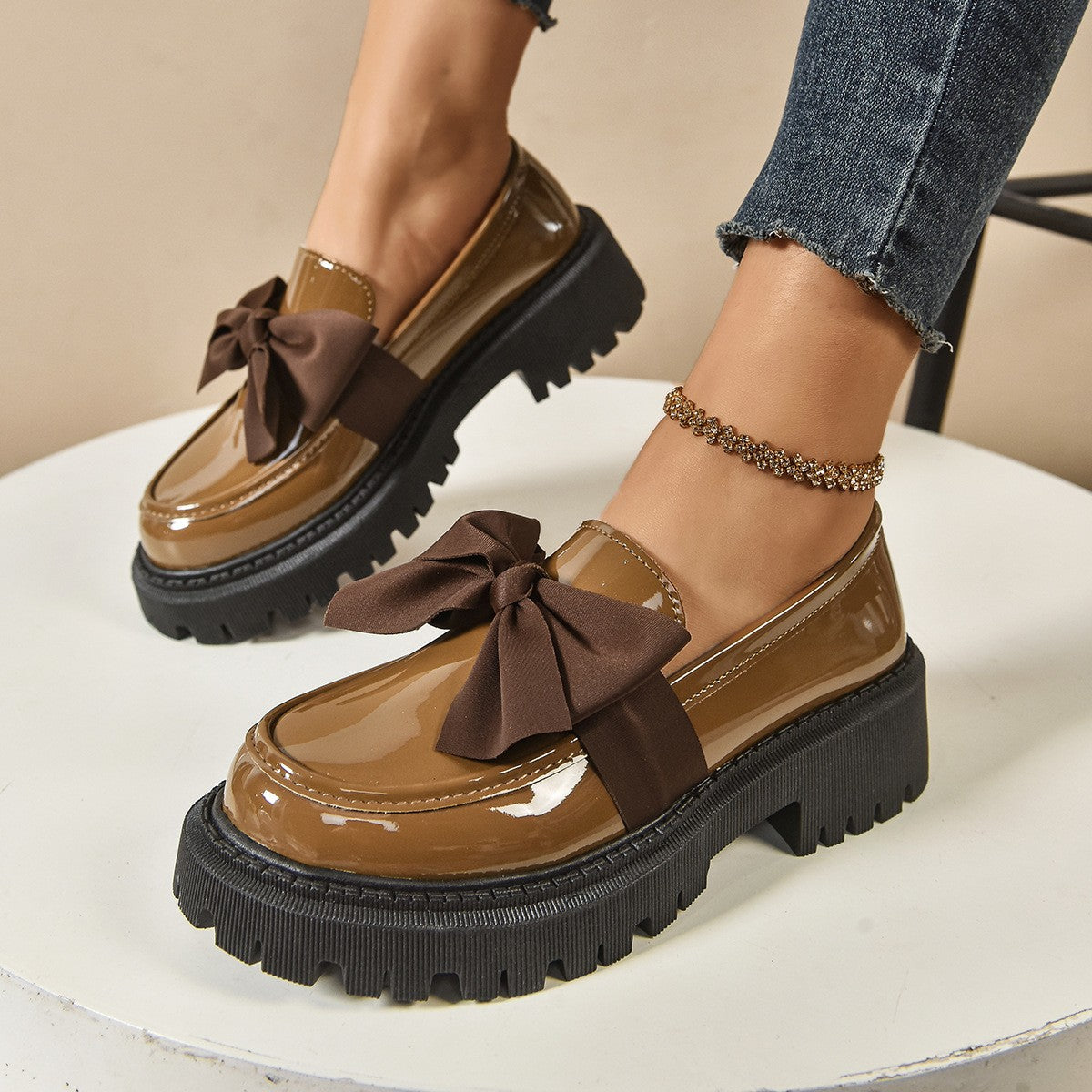 Chunky Lug Sole Loafers with Oversized Bow