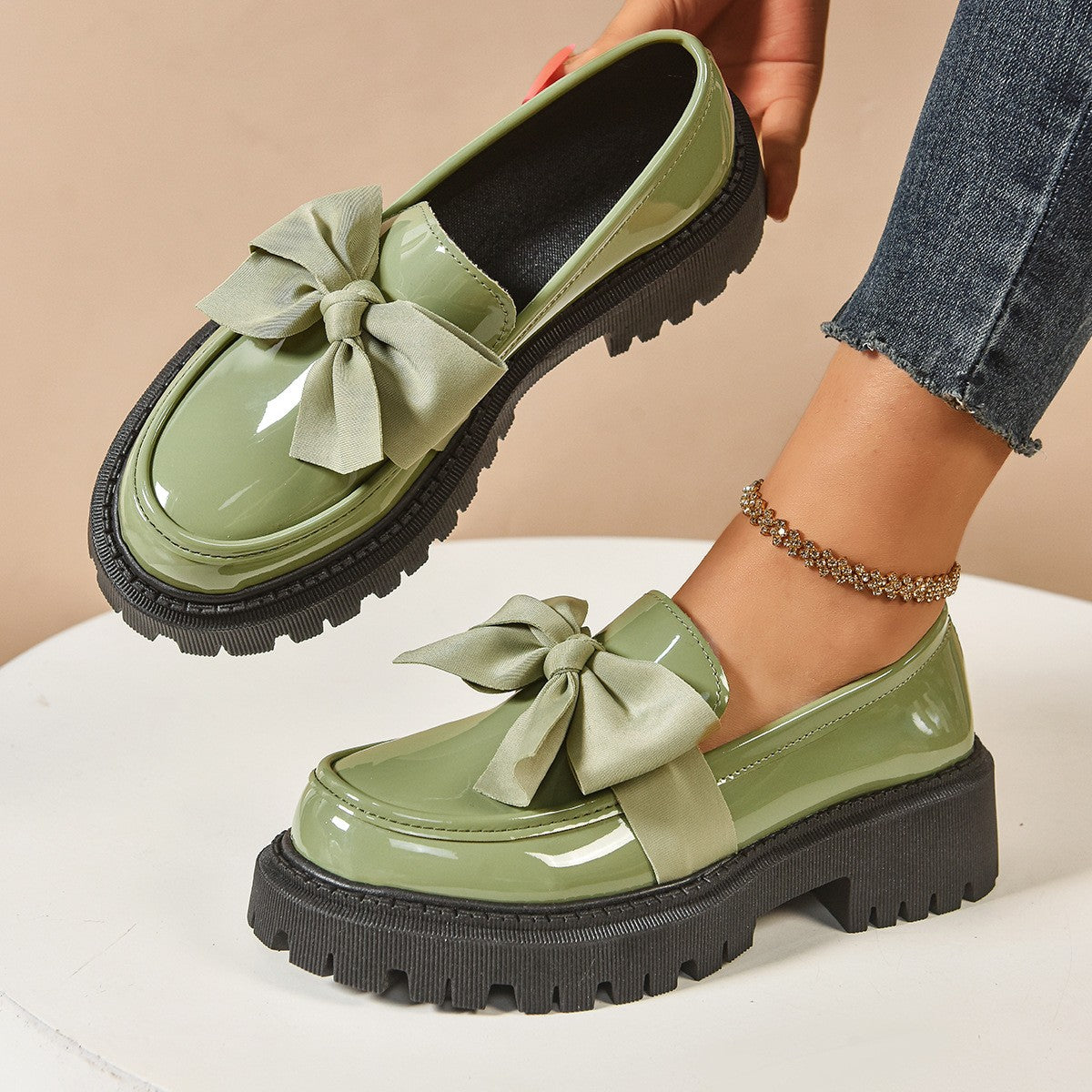 Chunky Lug Sole Loafers with Oversized Bow