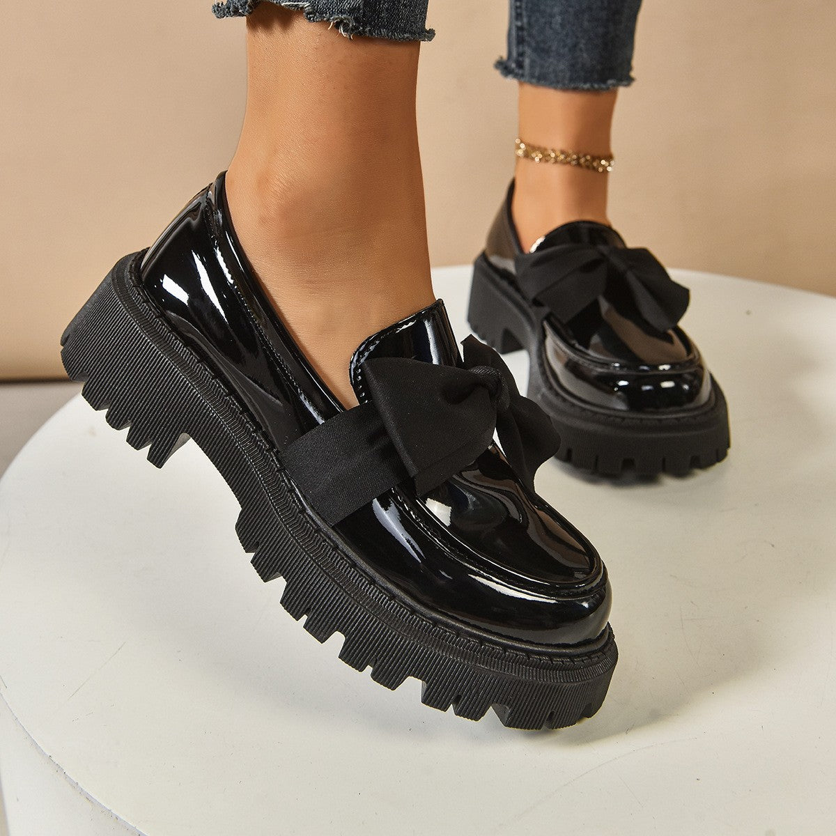 Chunky Lug Sole Loafers with Oversized Bow