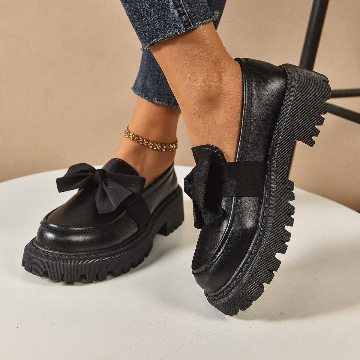 Chunky Lug Sole Loafers with Oversized Bow