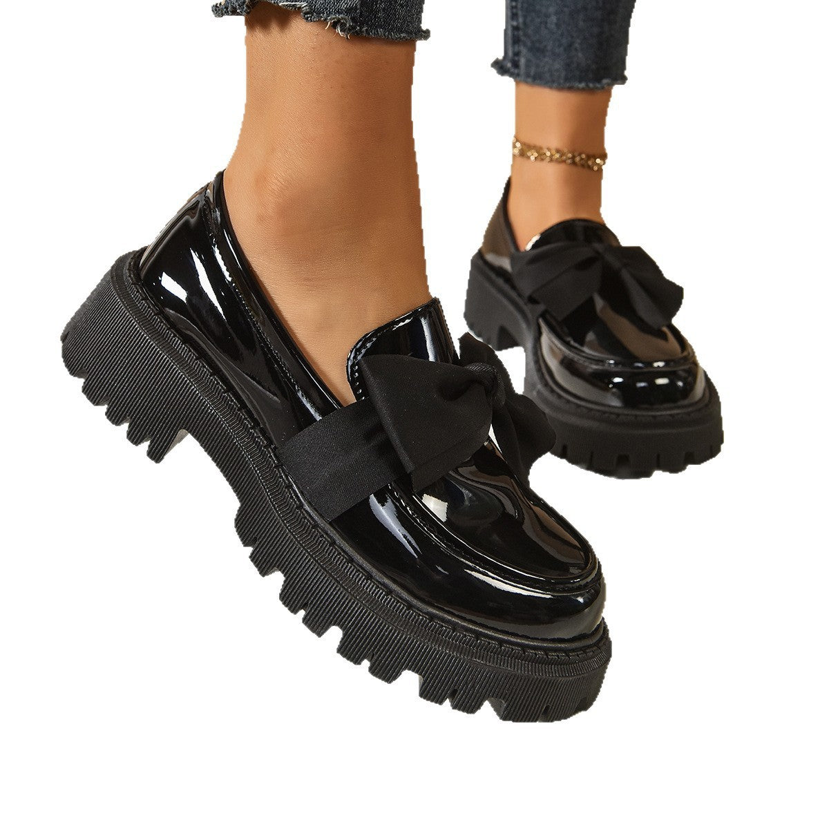 Chunky Lug Sole Loafers with Oversized Bow