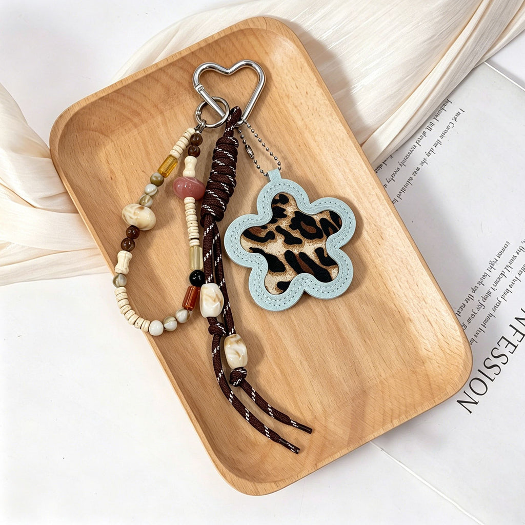 Leopard Flower Charm Keychain with Beaded Strap - BLeopard