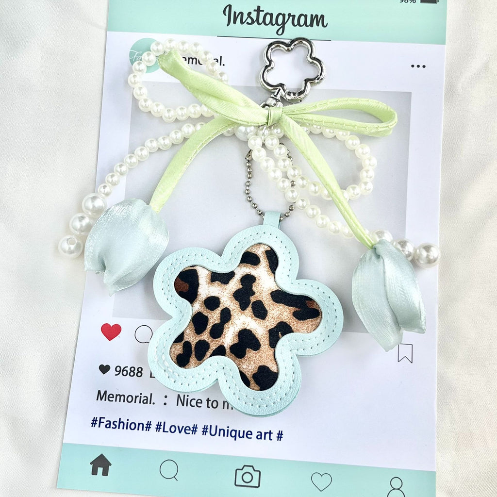 Leopard Flower Charm Keychain with Beaded Strap - Blue