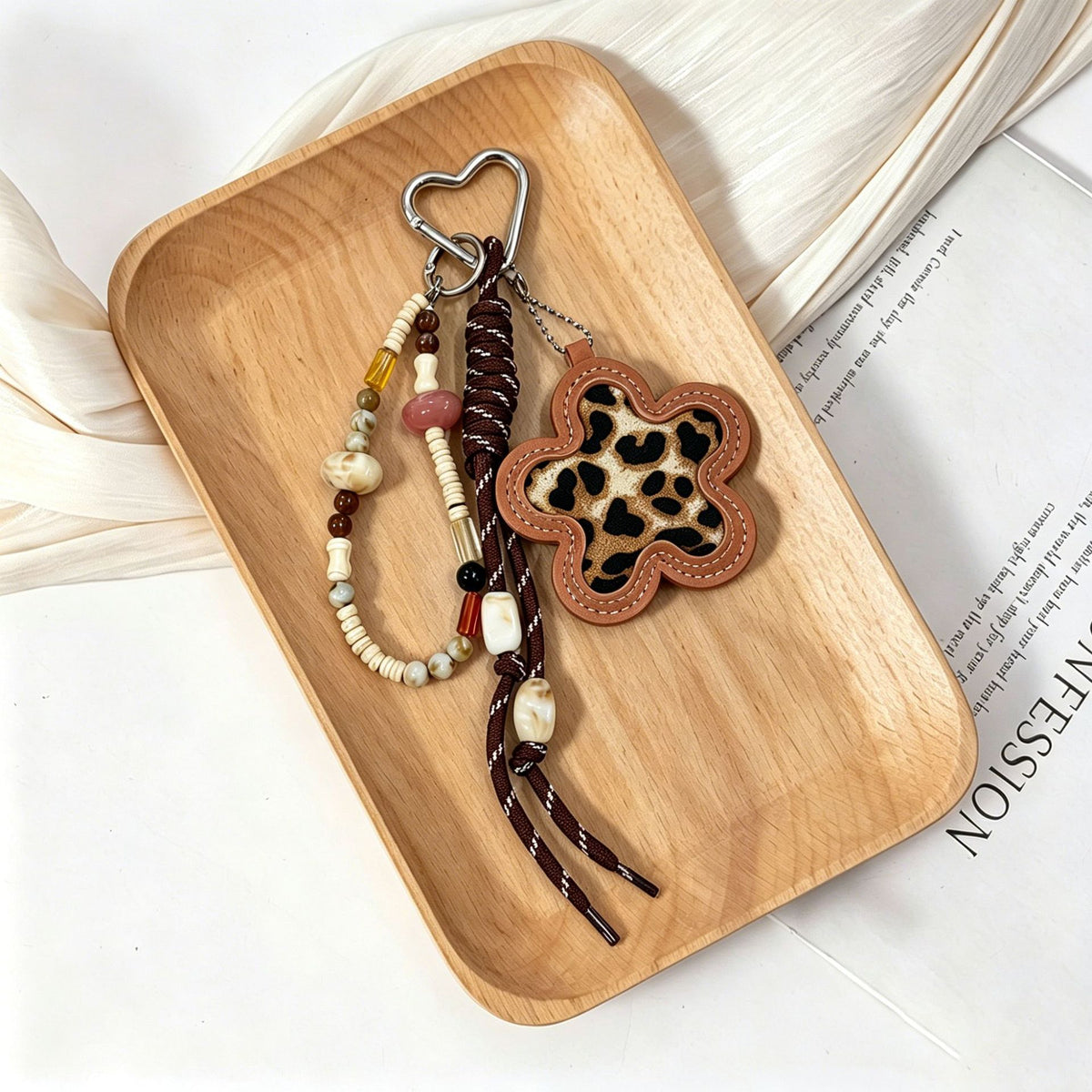 Leopard Flower Charm Keychain with Beaded Strap - Coffee