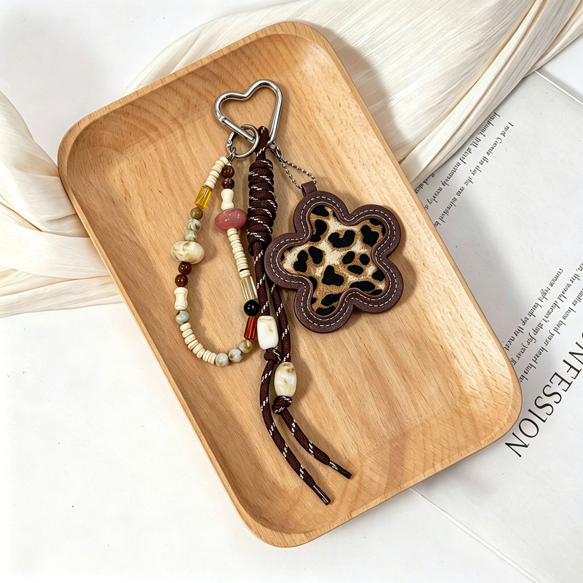 Leopard Flower Charm Keychain with Beaded Strap - DarkBrown
