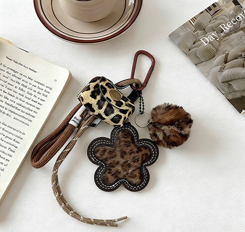 Leopard Flower Charm Keychain with Beaded Strap - Leopard